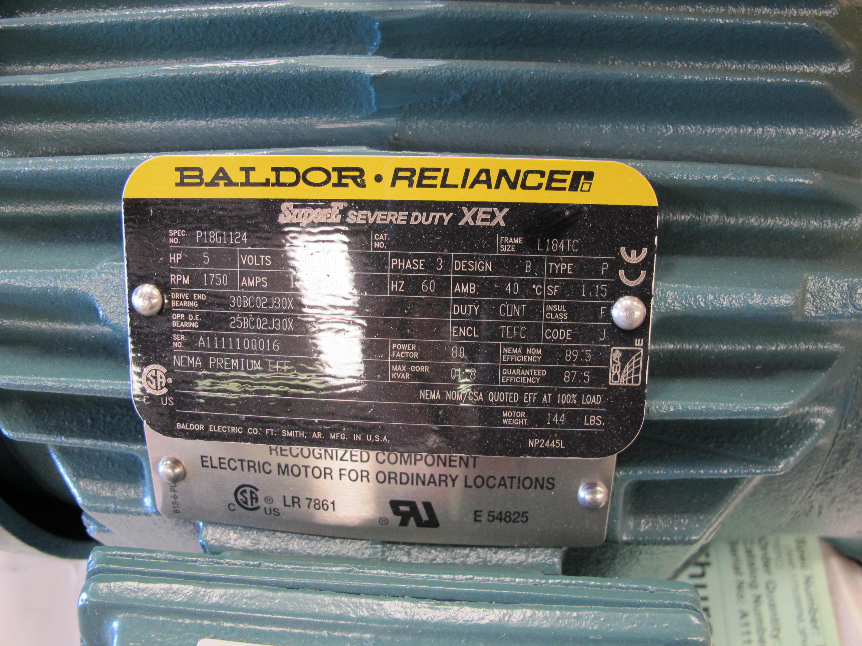 MOTOR, ELECTRIC TYPE, 5 HORSEPOWER, 230/460 VAC ELEC RATING, 1750 RPM, L-184TC FRAME, 12.2/6.1 AMPS, TEFC-XT ENCLOSURE, CONTINUOUS DUTY, 1.15 SERVICE FACTOR, 1-1/8" DIA SHAFT. INSULATION CLASS F, FACE MOUNT, SLOT KEY, 40 DEGREE C AMBIENT TEMPERATURE RISE, NEMA DESIGN "B" LOCKED ROTOR CODE "J", PART # P18G1124 (W-44) LOADING & HANDLING FEE $15-